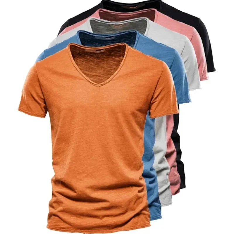 2024 hot summer men's new solid color V-neck pure cotton short sleeved T-shirt hot selling men's T-shirt top