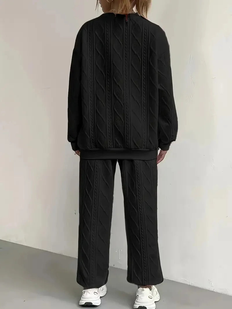 Plus Size Women's Twist Knit Textured Home Two-Piece Set, Comfortable Outfit for Autumn and Winter Casual Fashion Wear