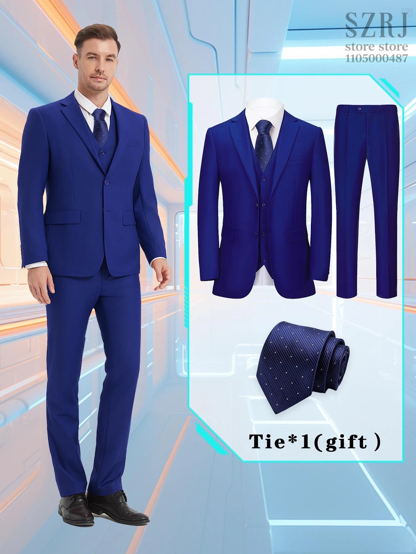 Men's 4-Piece Suit: Jacket+Vest+Pants+Blue Spotted Tie.Gentleman Style, Premium, Tailored. For Business, Parties, Weddings.