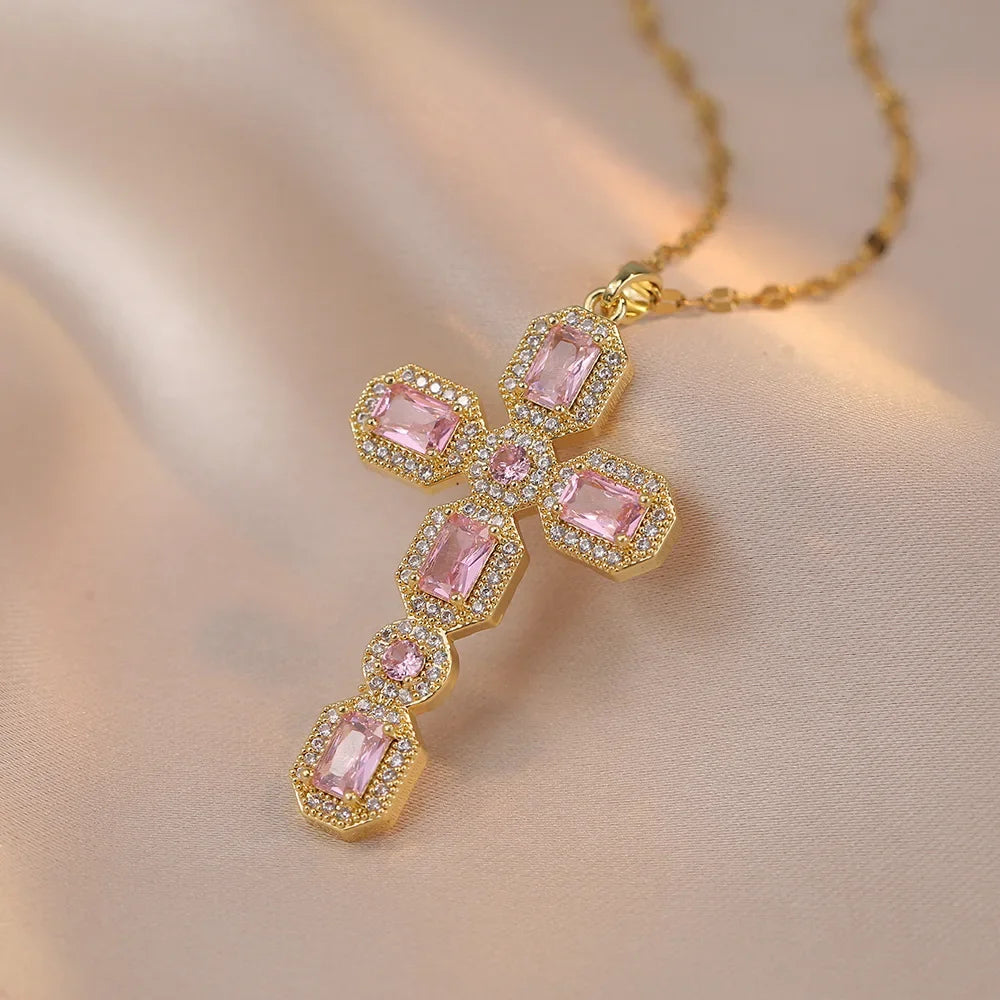 Luxury White Pink Zircon Big Cross Pendants Clavicle Necklaces For Women Stainless Steel Chains Necklace Birthday Party Jewelry