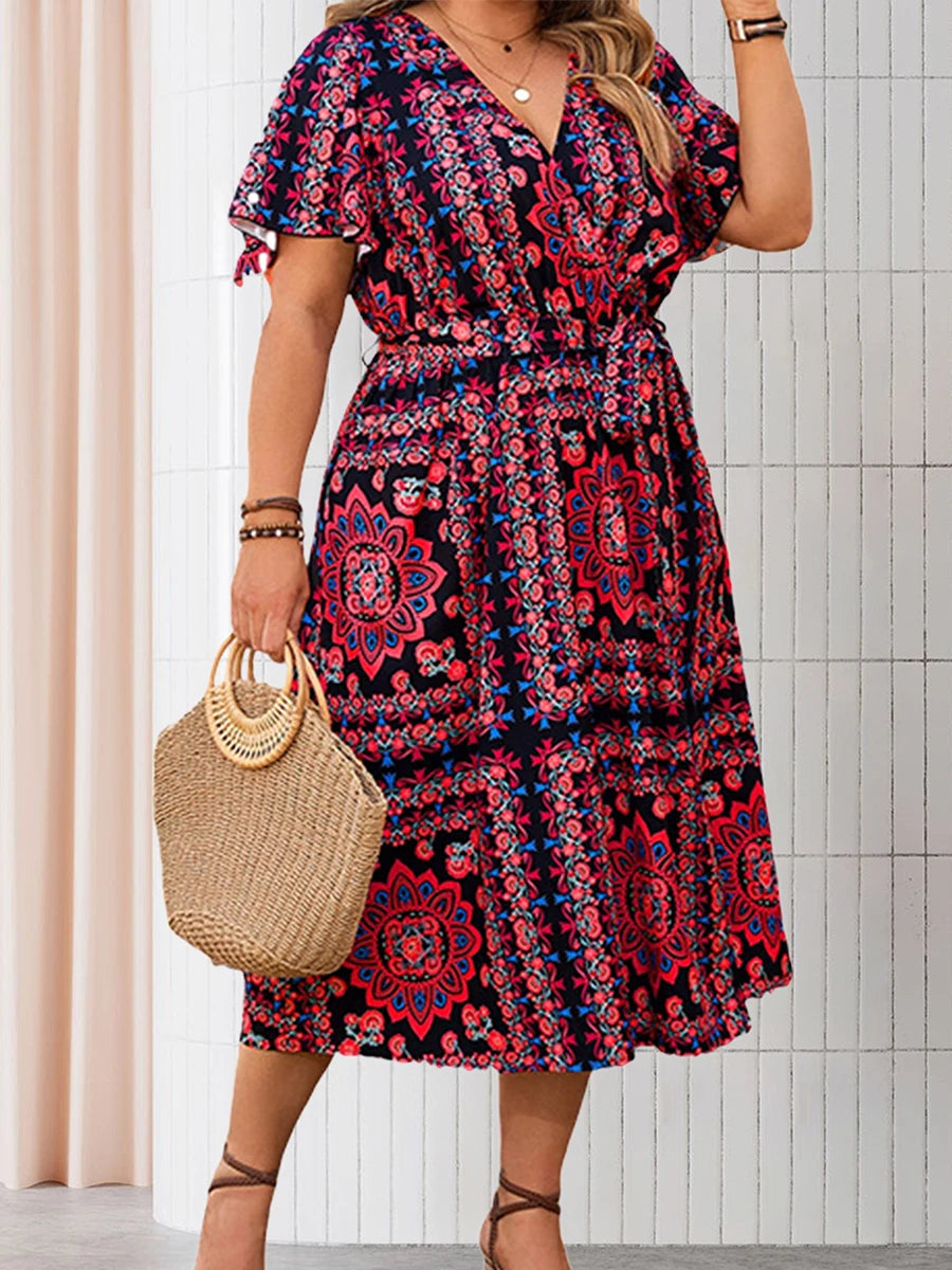 Women s Floral Print V Neck Short Sleeve Midi Dress with Slit Elegant Summer Swing Dress for Holiday Party and Special