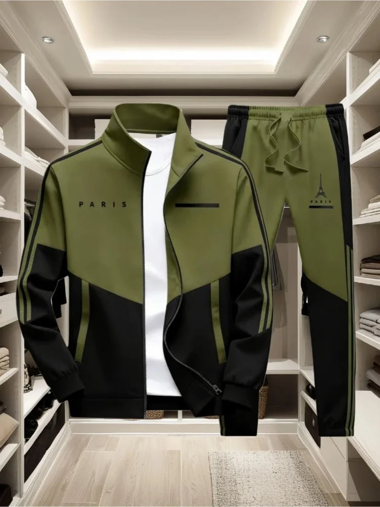 Men's Tracksuit New Contrast Color Stand Collar Zip Jacket + Elastic Waist Pant 2026 Casual Sportswear Jogger Suits Matching Set