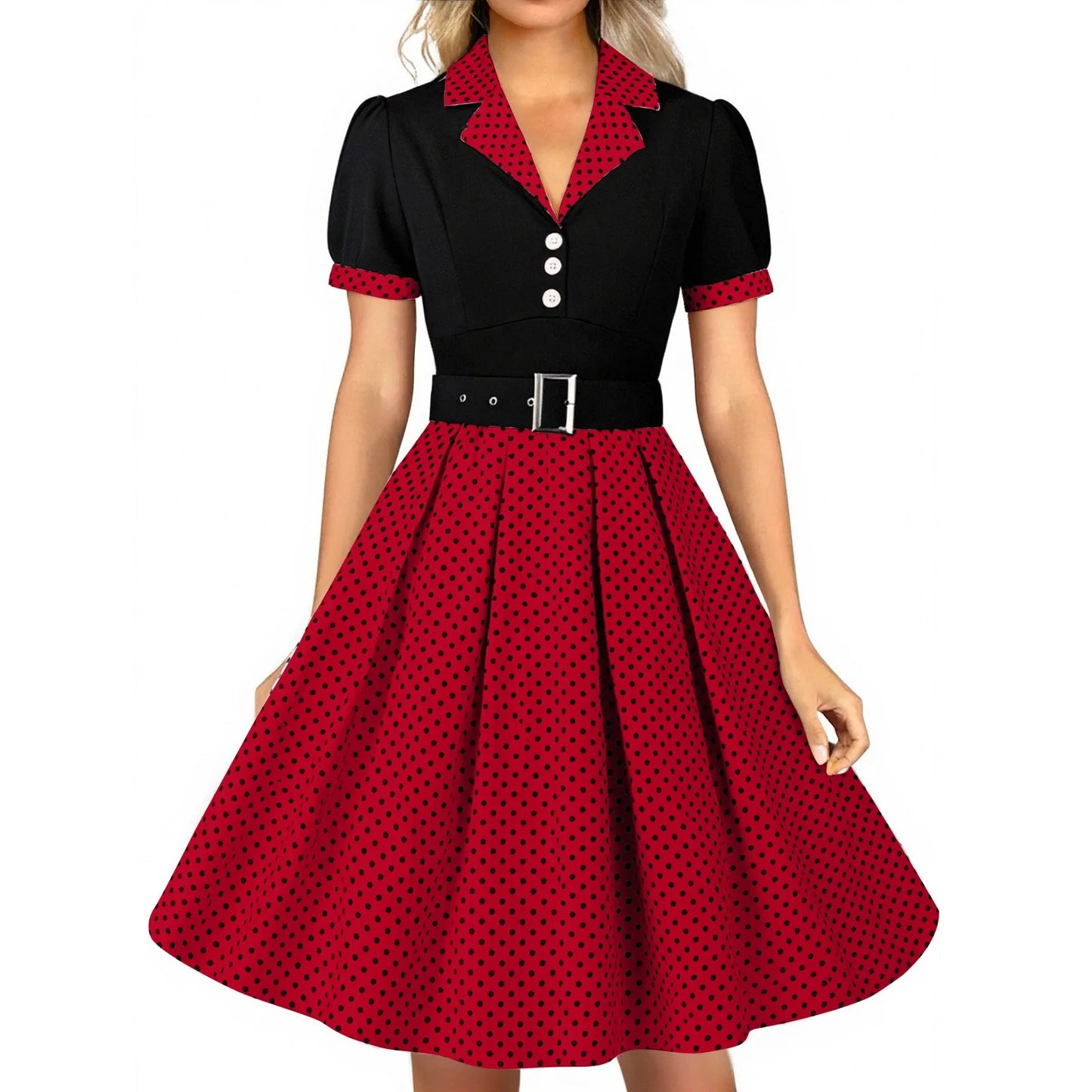 Women'S Vintage Polka Dot Lapel  Short-Sleeved Belt Dress Vestidos Mujer Veranoa 2025 Robe Femme Dress Women Women Clothing