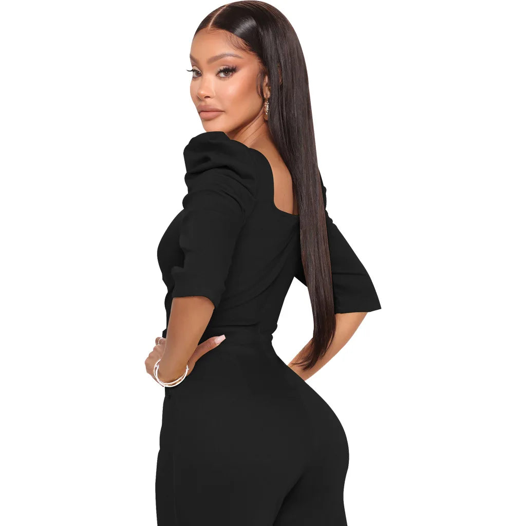 Sexy fashion solid color seven-quarter sleeve V-neck women's jumpsuit SMR10805