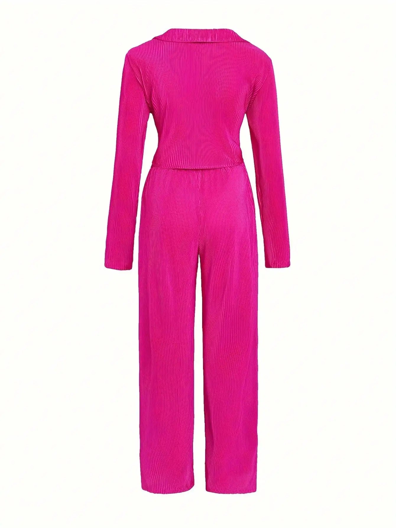 Women's Sexy Two-Piece Set - Long Sleeve Pleated V-Neck Wrap Crop Top & Wide Leg Pants (Streetwear)