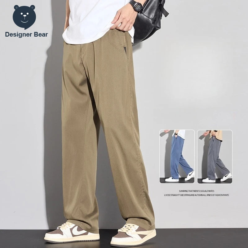2026 Men's Spring Summer Thin Casual Pants Baggy Straight Lyocell Fabric Trendy Sport Trousers Comfortable Fit Long Pants Man