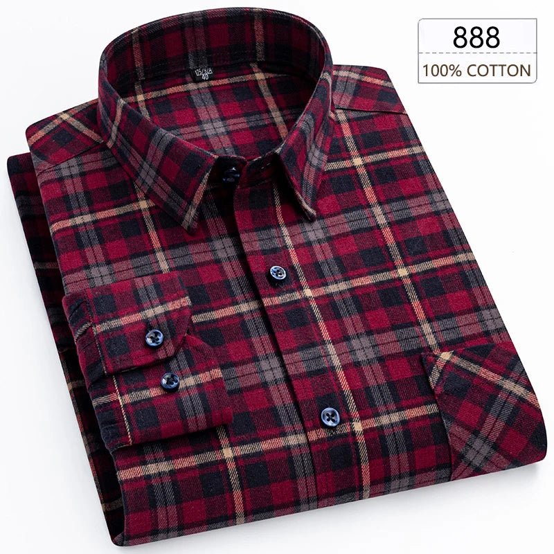 New Spring Long Sleeve Plaid Shirts For Men 100% Cotton Flannel Plus Size Easy Care Comfortable Top Casual Smart Dress Shirts