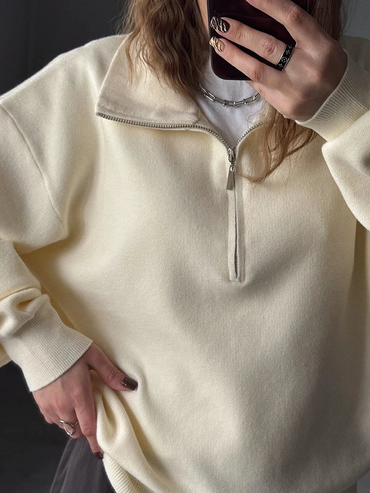 Red Zip Up Sweater Women Brown Oversized Winter Autumn Pullovers Half Zip Thick White Turtleneck Sweater With Zipper Women Warm