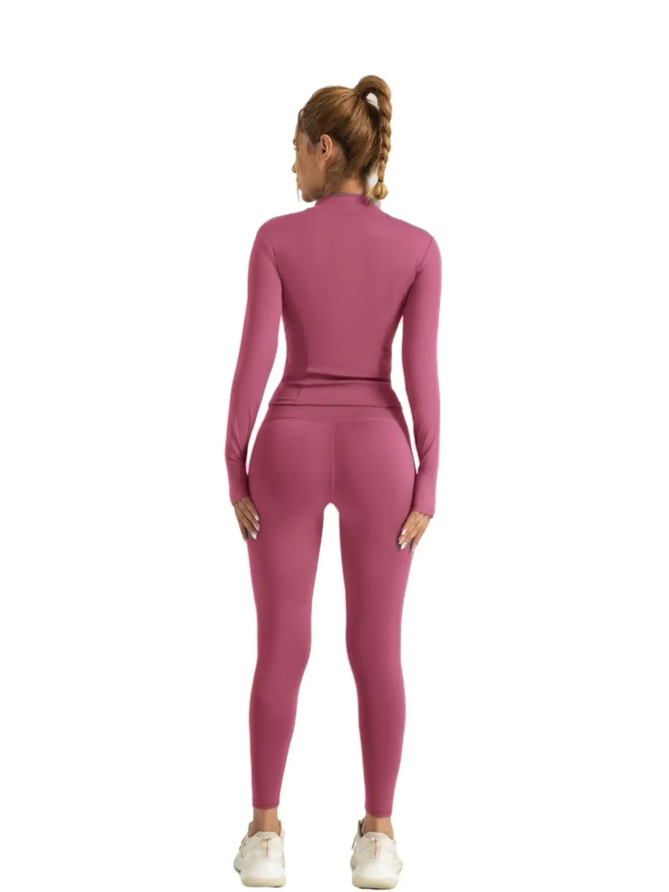 Fitfemme Two-piece Set Women's Solid Zip UpMock Neck Sports Jacket & HighWaist Leggings Set, SportyBreathable Quick Drying