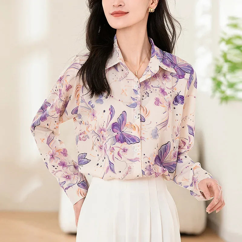Fashion Korean Casual Women's Long Sleeve Butterfly and Flower Printed Shirt Office Lady Tops