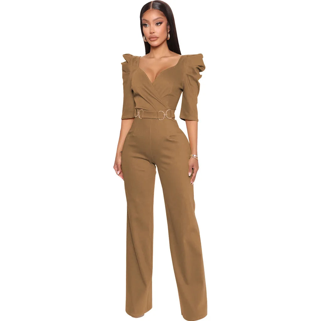 Sexy fashion solid color seven-quarter sleeve V-neck women's jumpsuit SMR10805