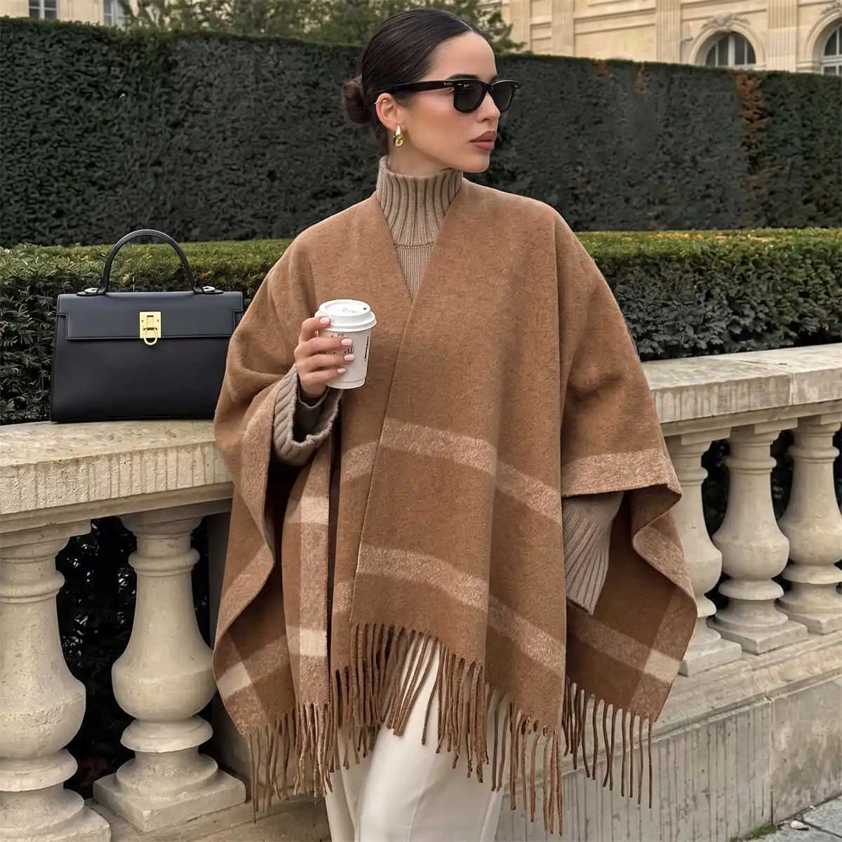 Women Striped Cape Shawl Scarf with Tassels Thick Warm Poncho Wrap Elegant Oversized Cape for Ladies Winter Daily Street Outfit