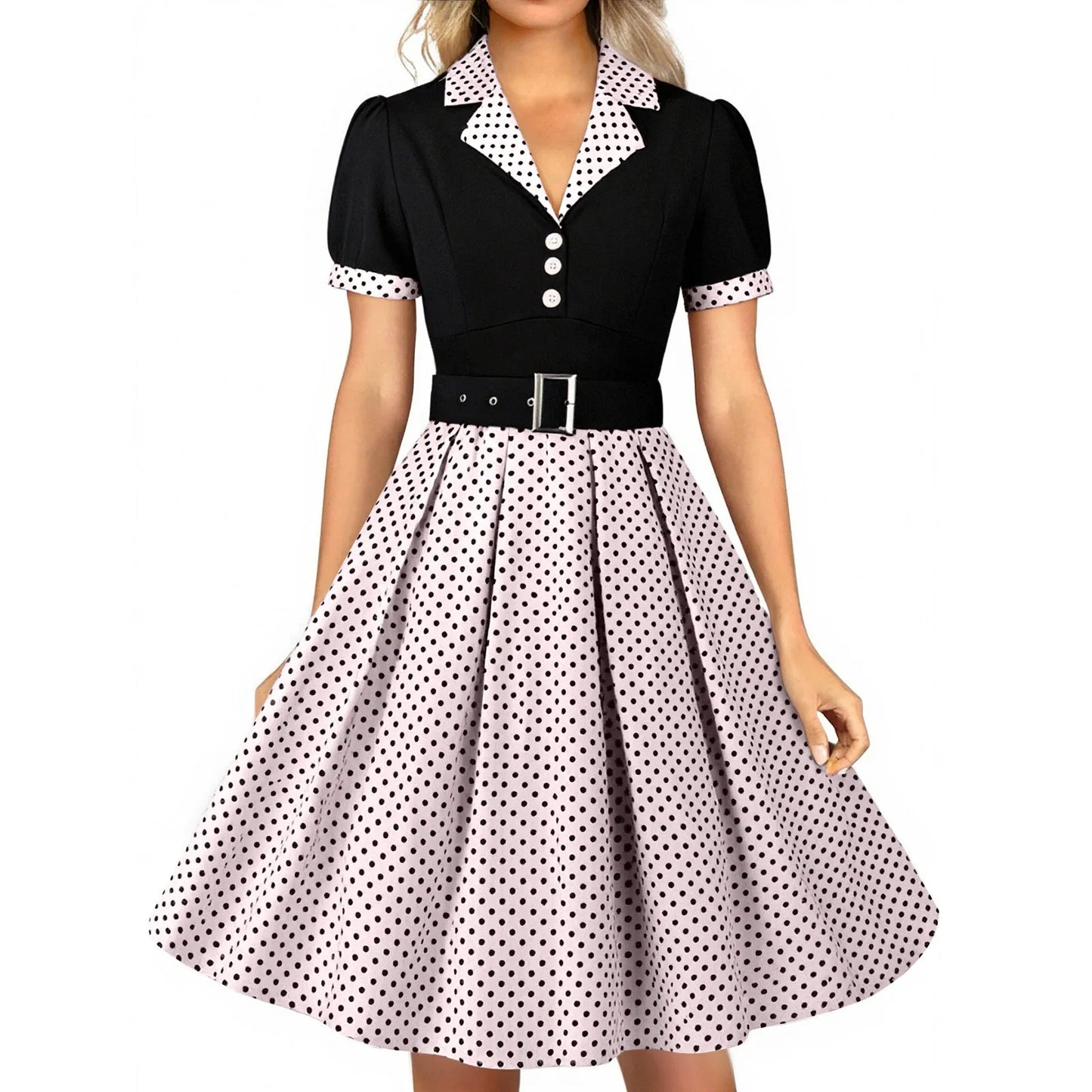 Women'S Vintage Polka Dot Lapel  Short-Sleeved Belt Dress Vestidos Mujer Veranoa 2025 Robe Femme Dress Women Women Clothing