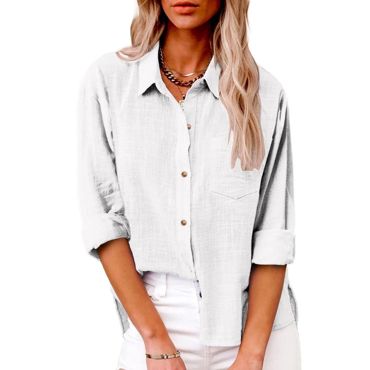 Women's Fashion Solid Color Cotton and Linen Shirt Autumn Long Sleeve Button Solid Color Loose Shirt Casual Large Size Shirt