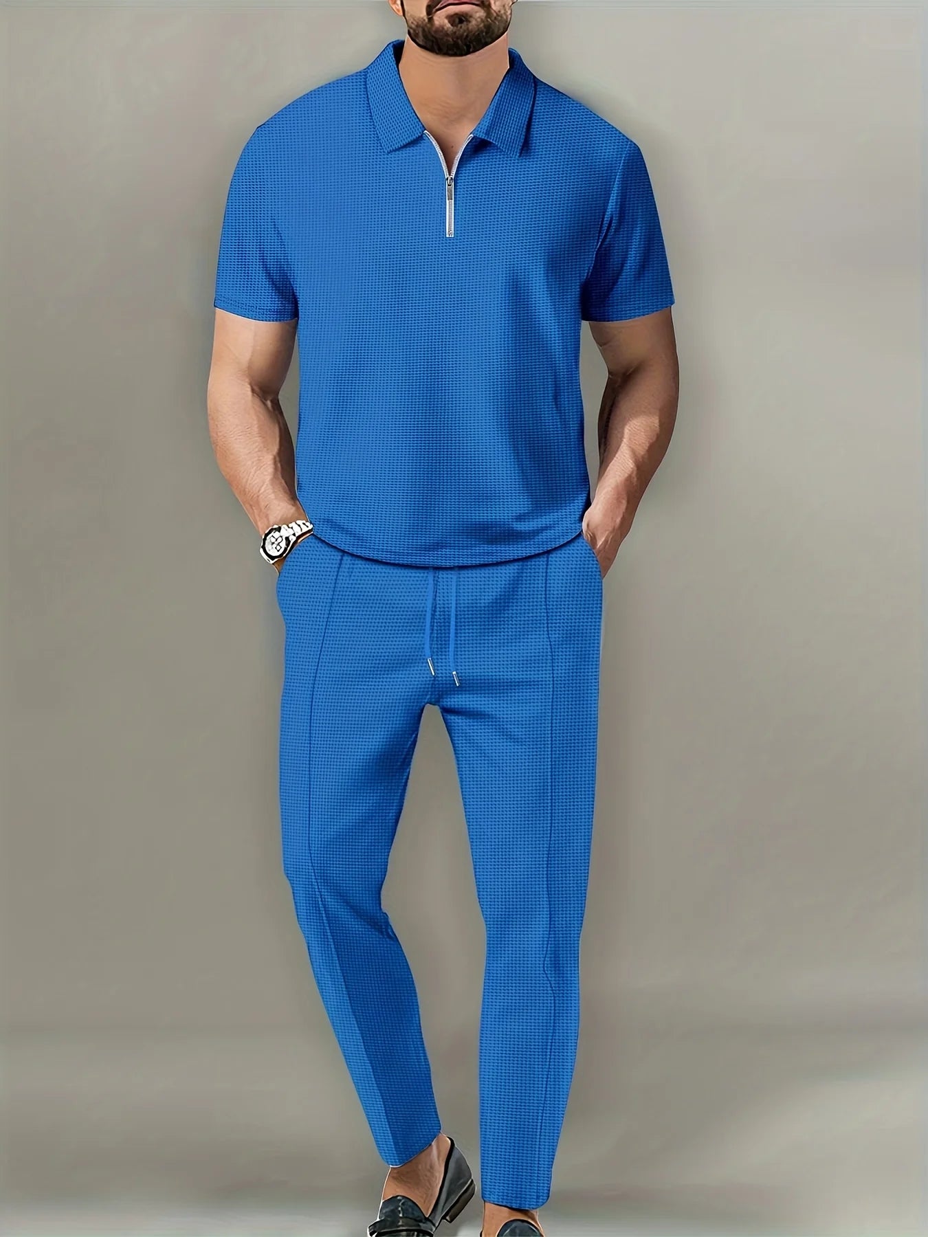 New Men's Solid Color Suit Waffle Lapel Short-sleeved Zipper Long Pants Set - The Best Choice For Casual Wea