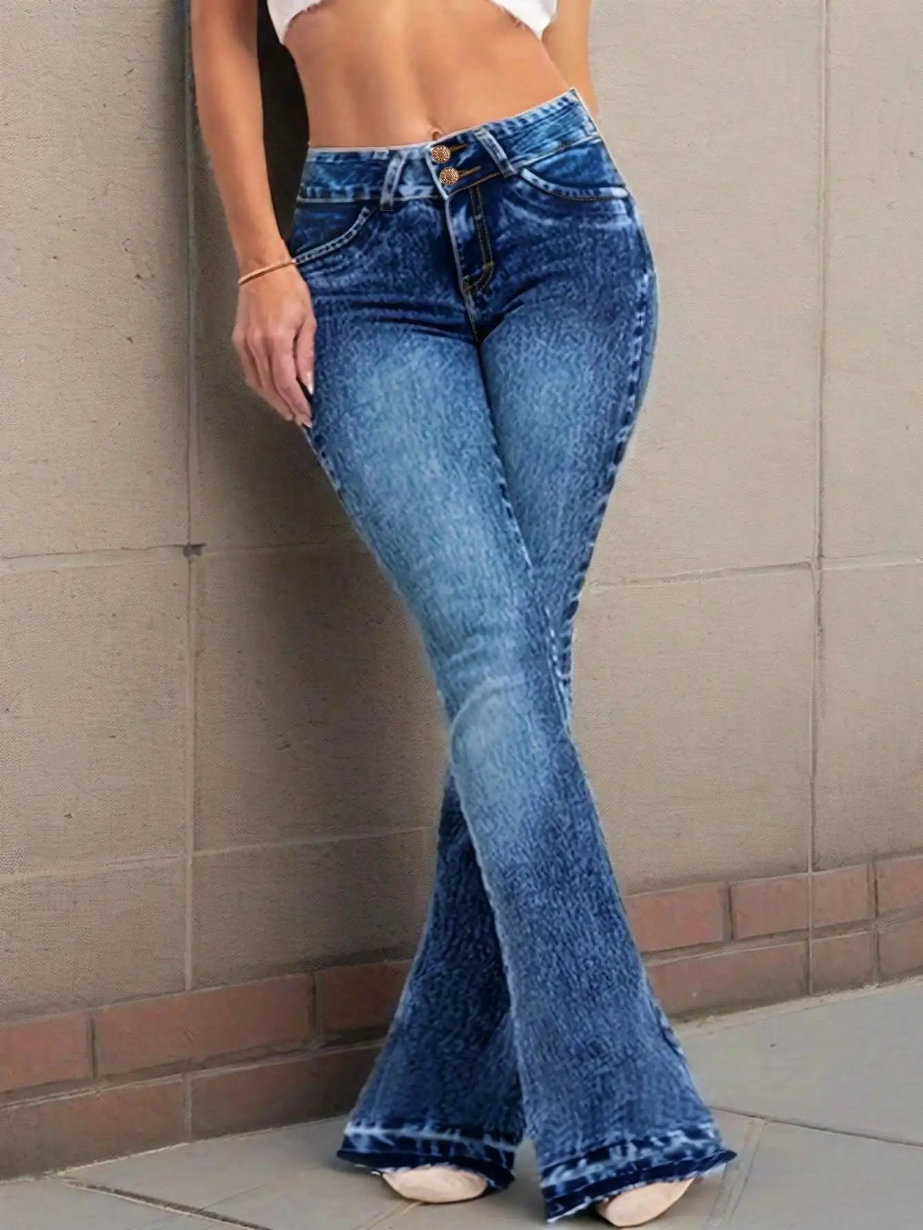 2025 Fashionable Women's Stretch Slim-Fit Jeans, Slim-Fit Flared Trousers, High-Waisted Blue Denim Long Pants, Women's Retro Cla