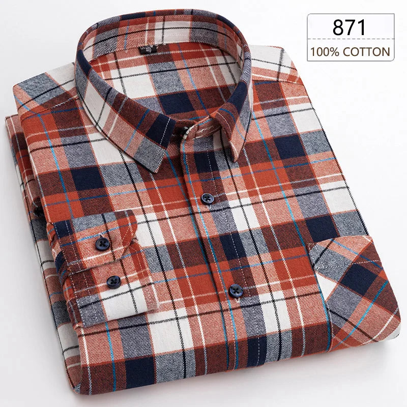New Spring Long Sleeve Plaid Shirts For Men 100% Cotton Flannel Plus Size Easy Care Comfortable Top Casual Smart Dress Shirts