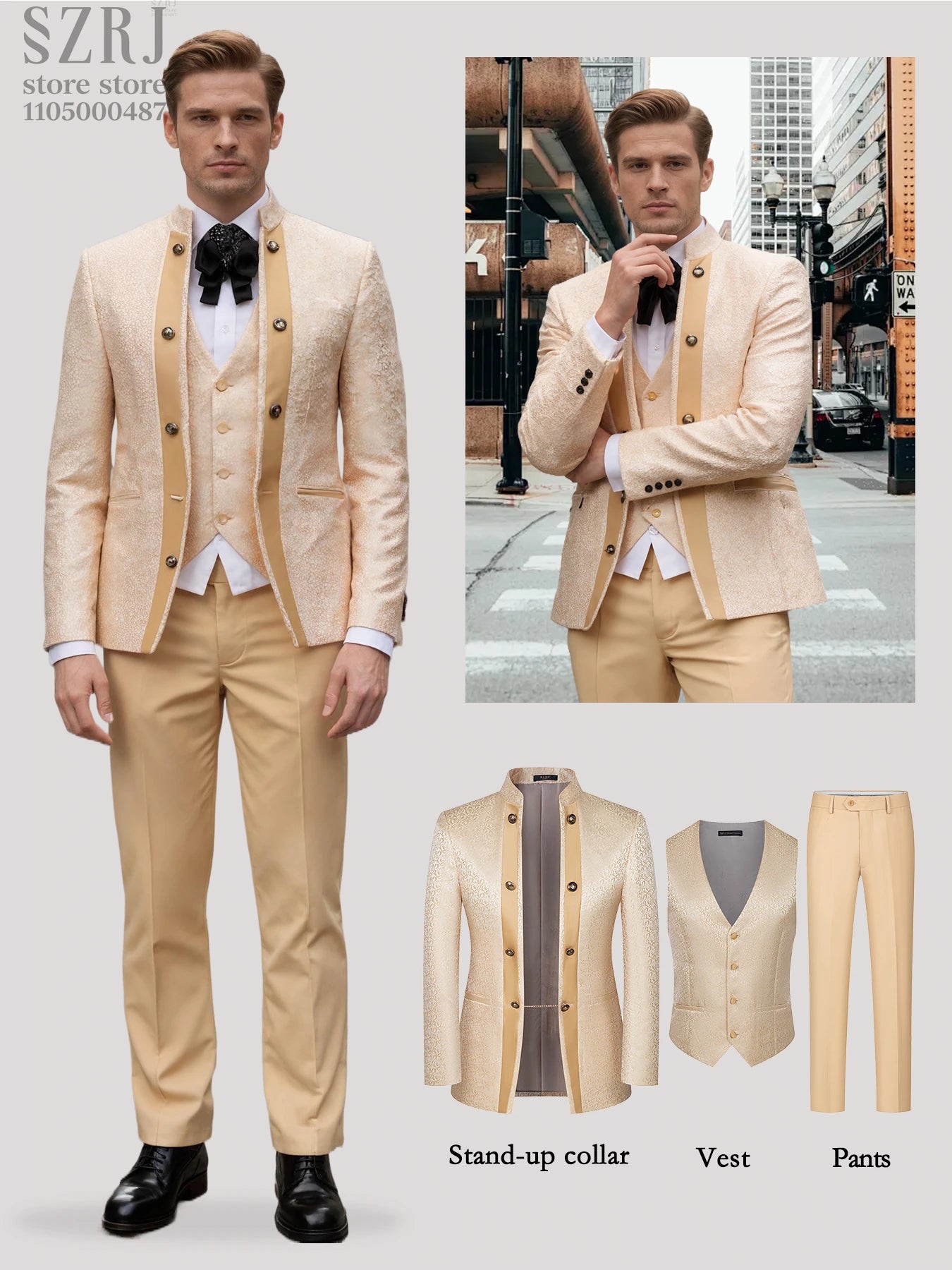 Men's 3pcs Floral Tuxedo Suit: Stand Collar, Double-Breasted Vest & Pants - Wedding/Party/Performance