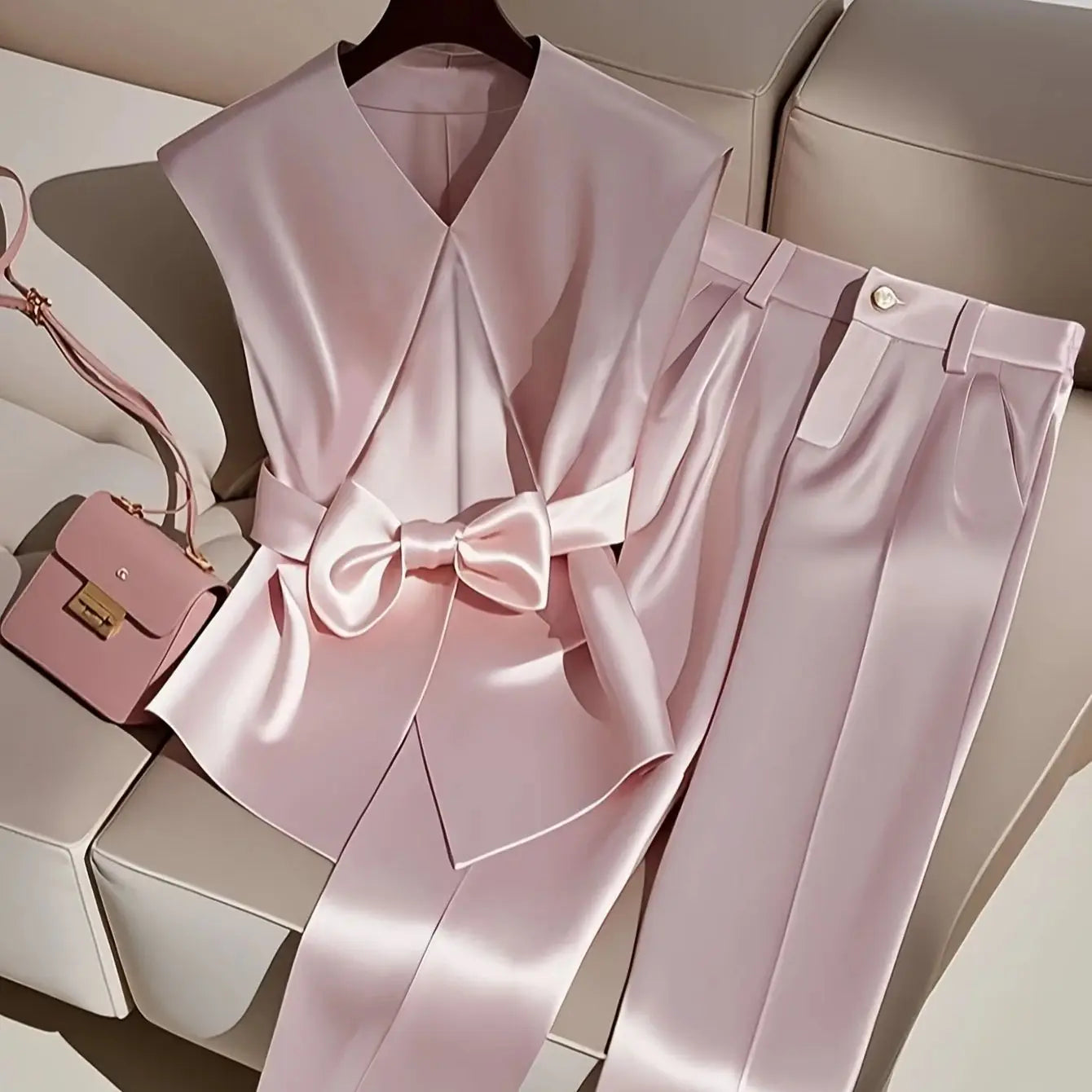 Fashionable, elegant, simple solid color sleeveless romantic date top and trousers two-piece set