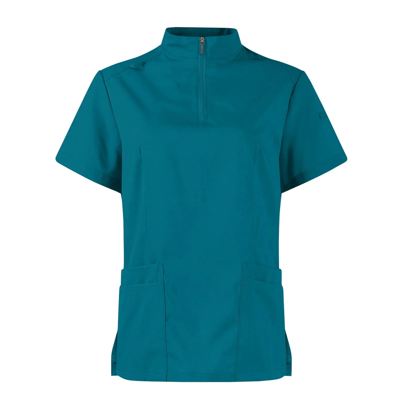 Women Two-Piece Set Solid Color Stand-Up Collar Short-Sleeve Top With Zipper Pocket And Matching Pants Professional Workwear
