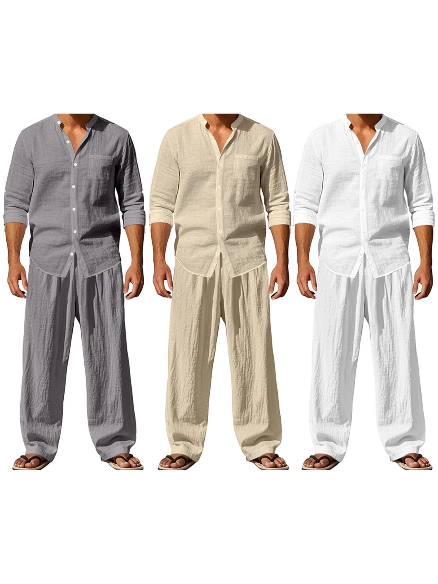 Men s Cotton Summer Outfits Sets Lightweight Breathable Short Sleeve Shirt and Shorts 2 Pcs Set for Beach Vacation