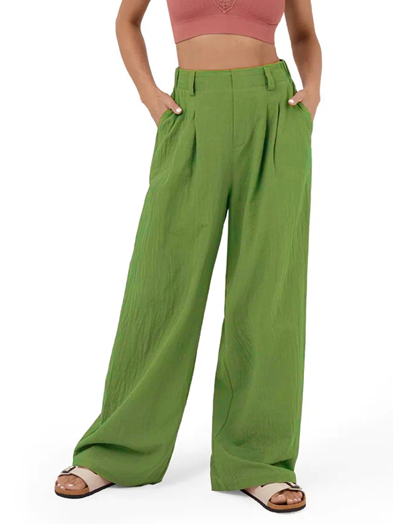 High Waisted Trousers for Women Casual Loose Solid Color Wide Leg Pants with Double Pockets Front Pleated Elastic Back Waistband