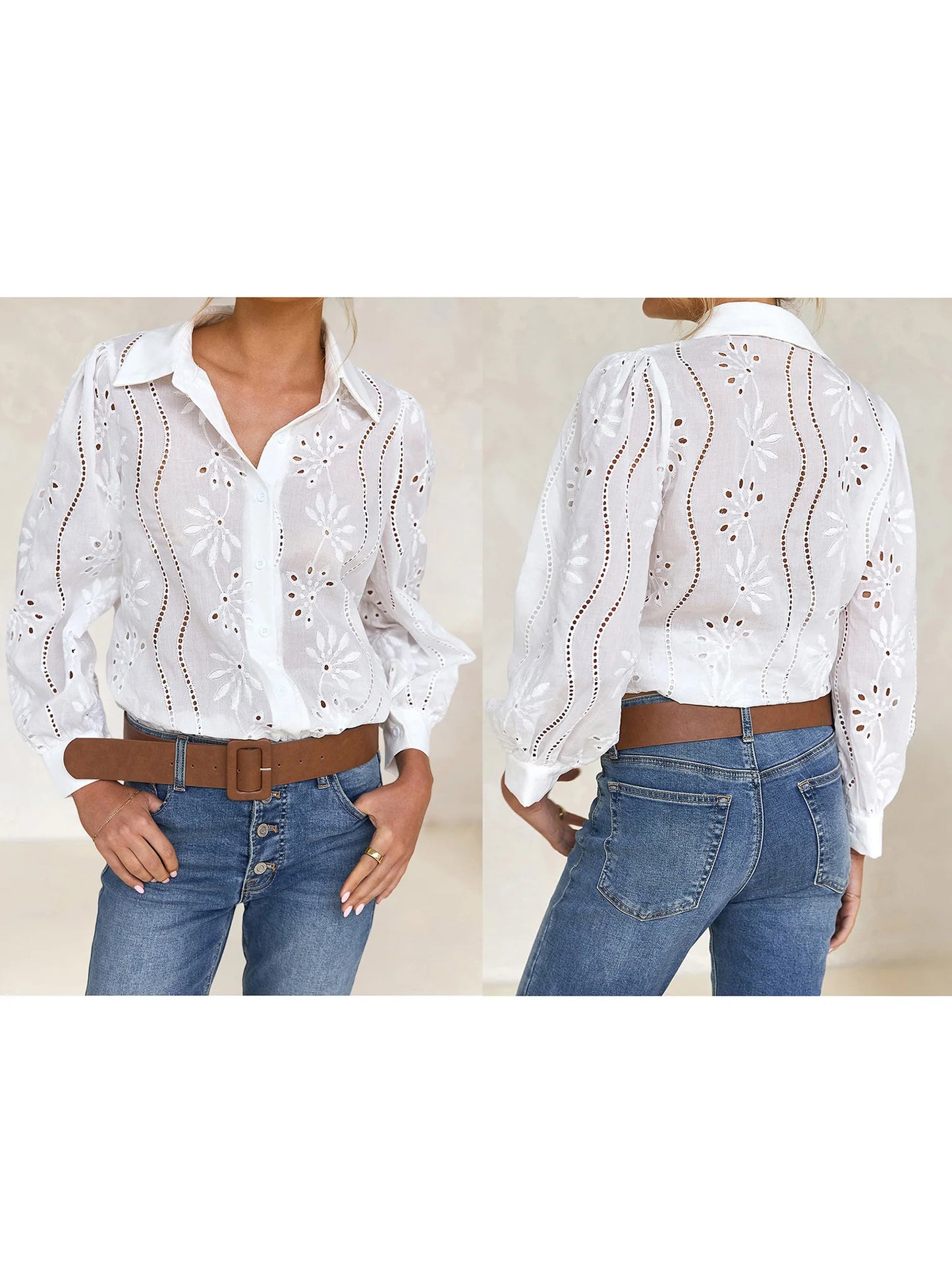 Stylish Women s Eyelet Blouse with Long Sleeves and Turn Down Collar in Solid Color Loose Fit Shirt for Fashionistas
