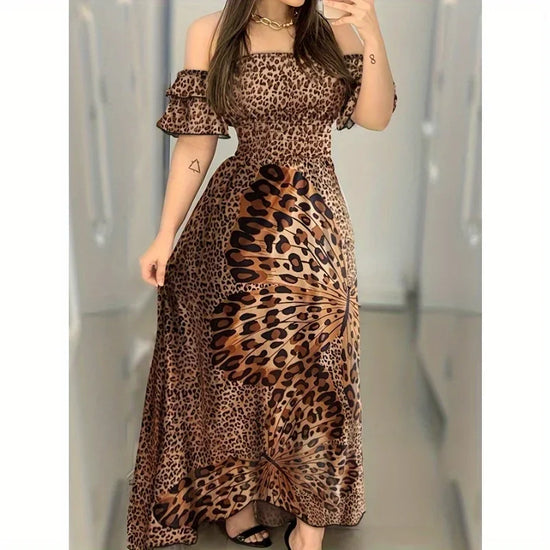 Sexy Off-the-shoulder One-shoulder Leopard Waist Print Long Dress
