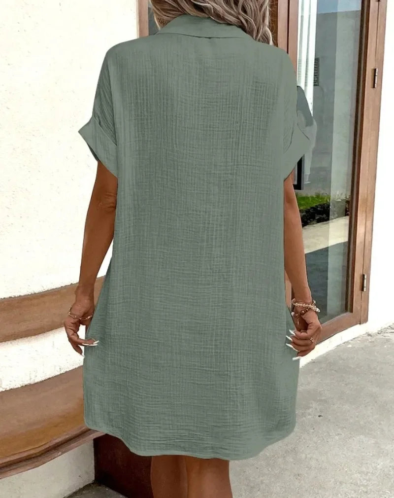 Women's Fashion Summer Minimalist V-neck Button Up Dress Woman Cotton Linen White Short Sleeved Pocket Casual Loose Shirt Dress