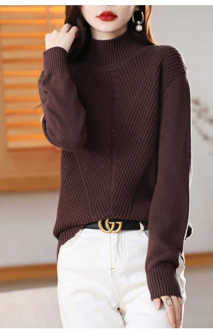 Women's 100% Pure Cotton Knitted Sweater Semi High Neck Solid Color Pullover Autumn and Winter Thick Casual Knitted Women's Top