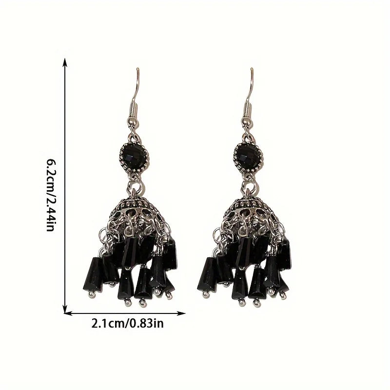 Chic Tassel Lantern Earrings - Exquisite Black Chandelier Drops, Dangling Ethnic Style Hooks, Hypoallergenic for Sensitive Skin