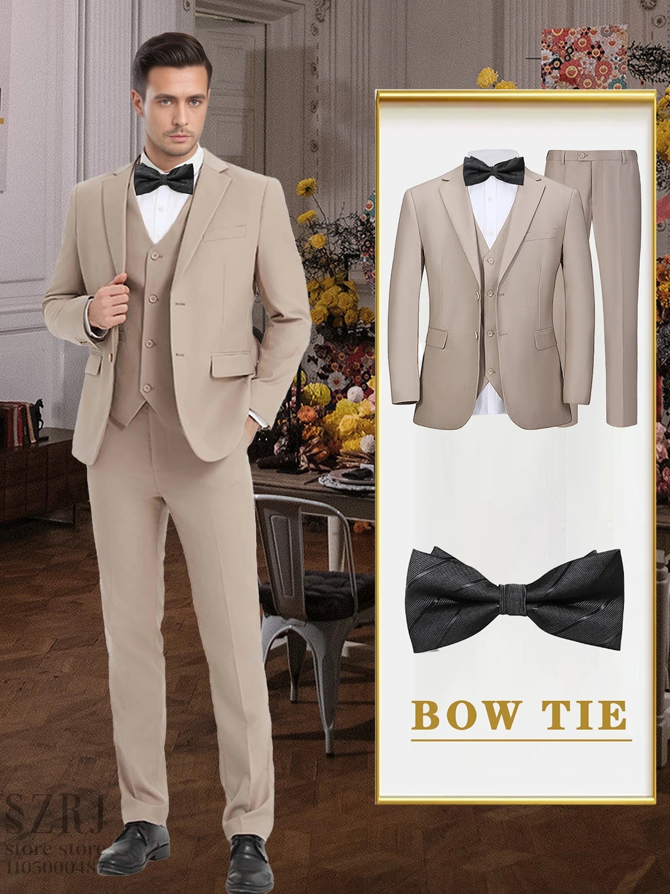 4PCS Men's Formal Tuxedo Set: Vest + Pants + Socks | Classic Solid Suit for Business/Party/Interview