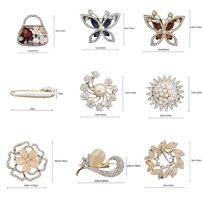 9Pcs/Pack Luxurious Elegant Metal Brooch Ladies' Flower Pearl Butterfly Sun Brooch Cloth Scarf Jewelry Accessories