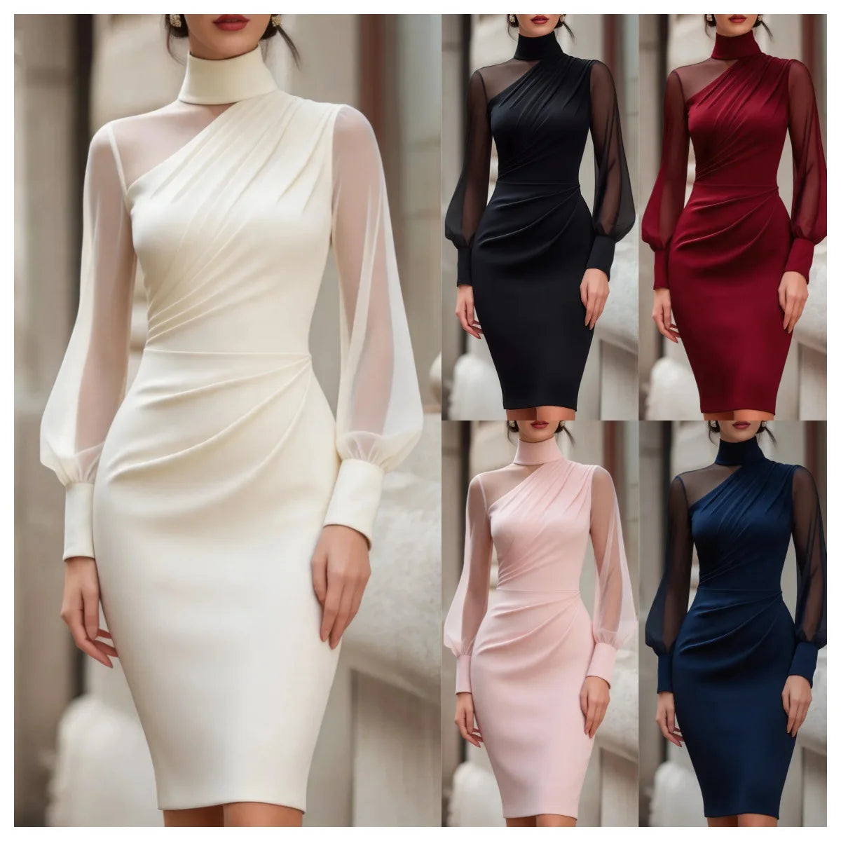 Women Mock Neck Mesh Long Sleeve Midi Dress Asymmetric Ruched Waist Slim Bodycon Elegant Wedding