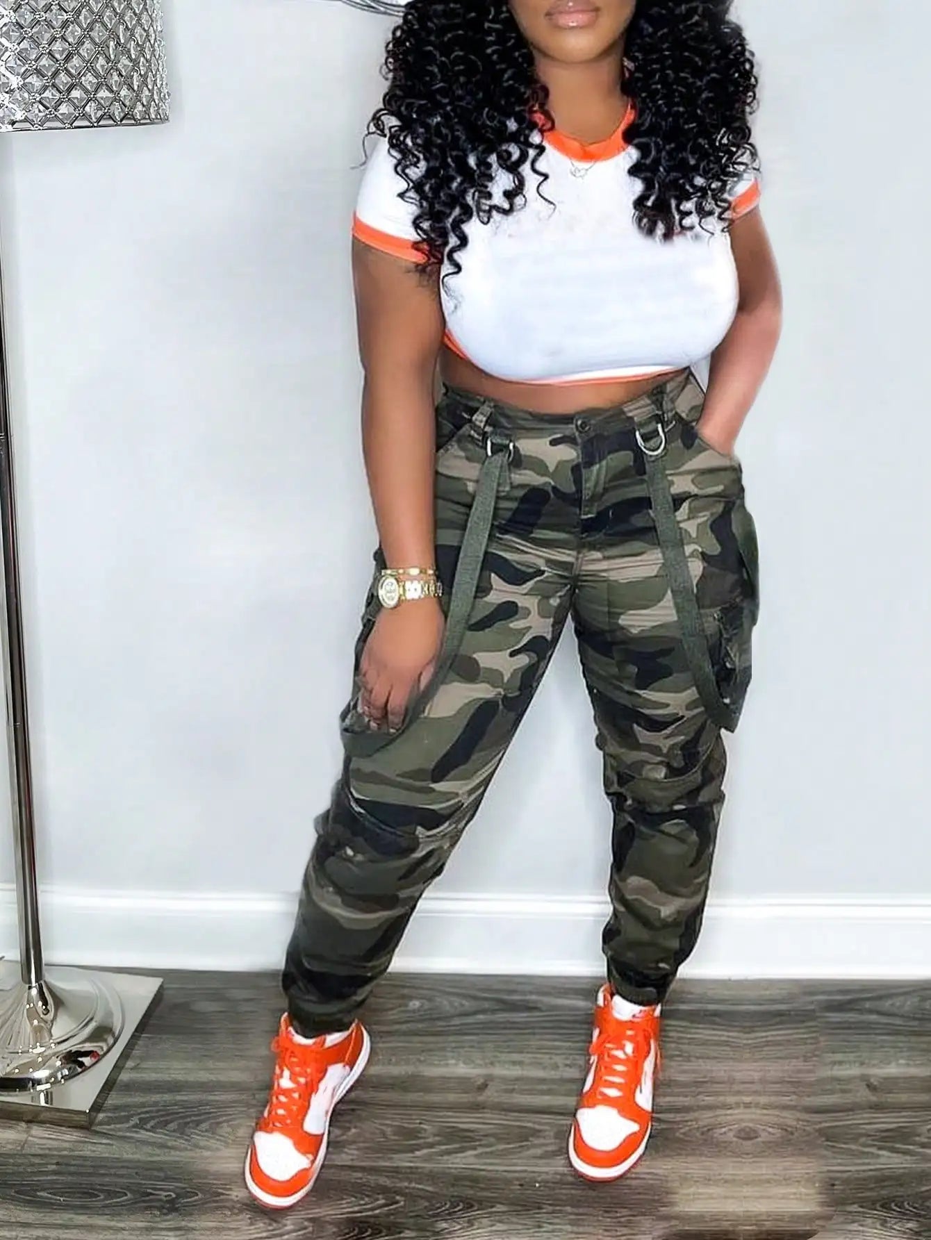 Women's Y2K Camo Cargo Pants - High-Waisted Slim Fit Army Fatigue with Suspenders, Casual Jogger Sweatpants