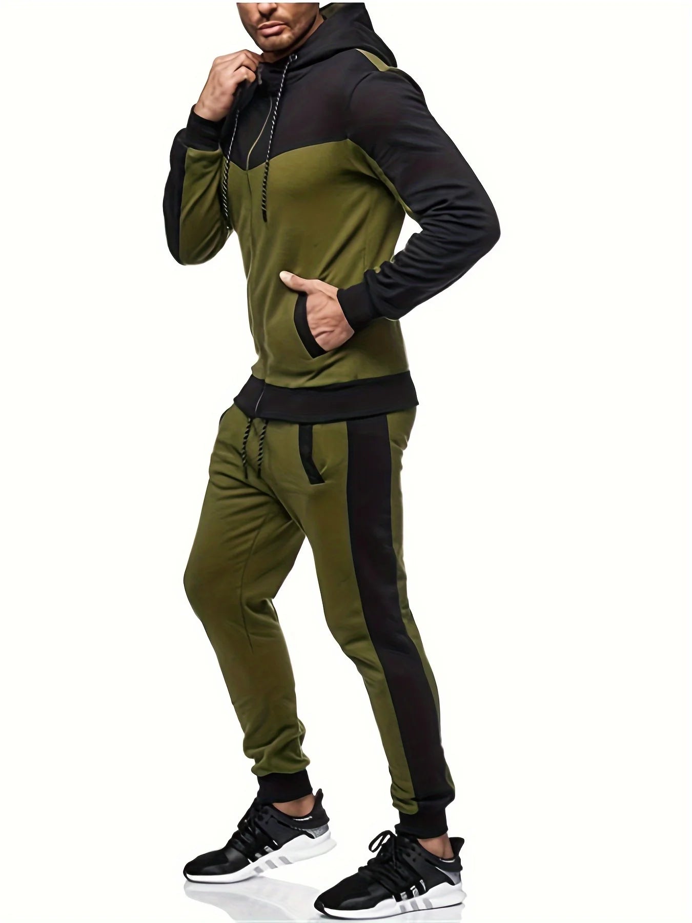 Autumn And Winter Men's Hooded Color Matching Leisure Sports Cardigan Set