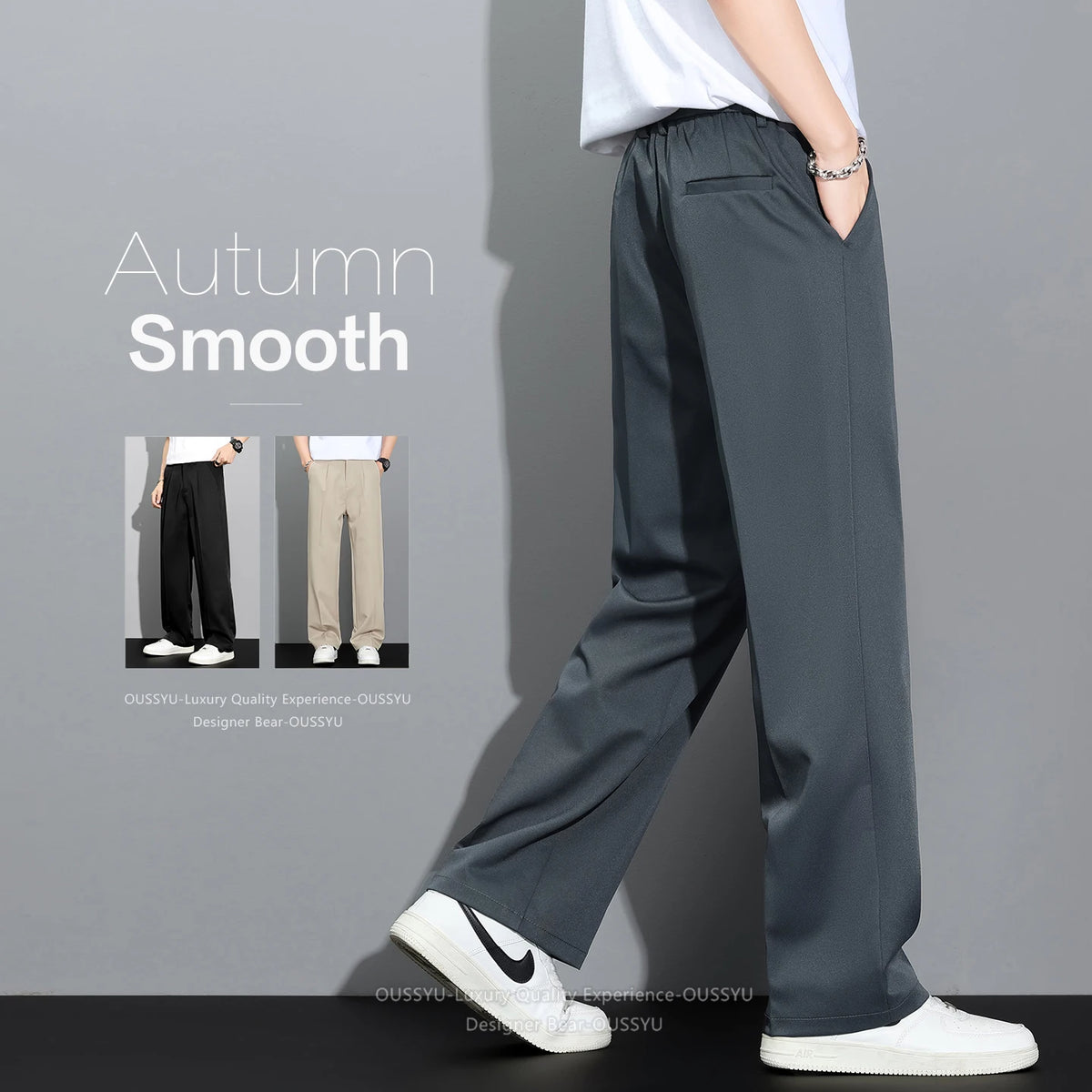 2026 Autumn Winter Korean Style Men's Loose Straight Draping Casual Pants Slacks Khaki Dark Gray Office Work Formal Trousers Man