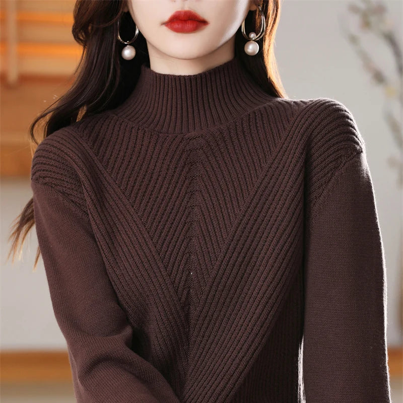 Women's 100% Pure Cotton Knitted Sweater Semi High Neck Solid Color Pullover Autumn and Winter Thick Casual Knitted Women's Top