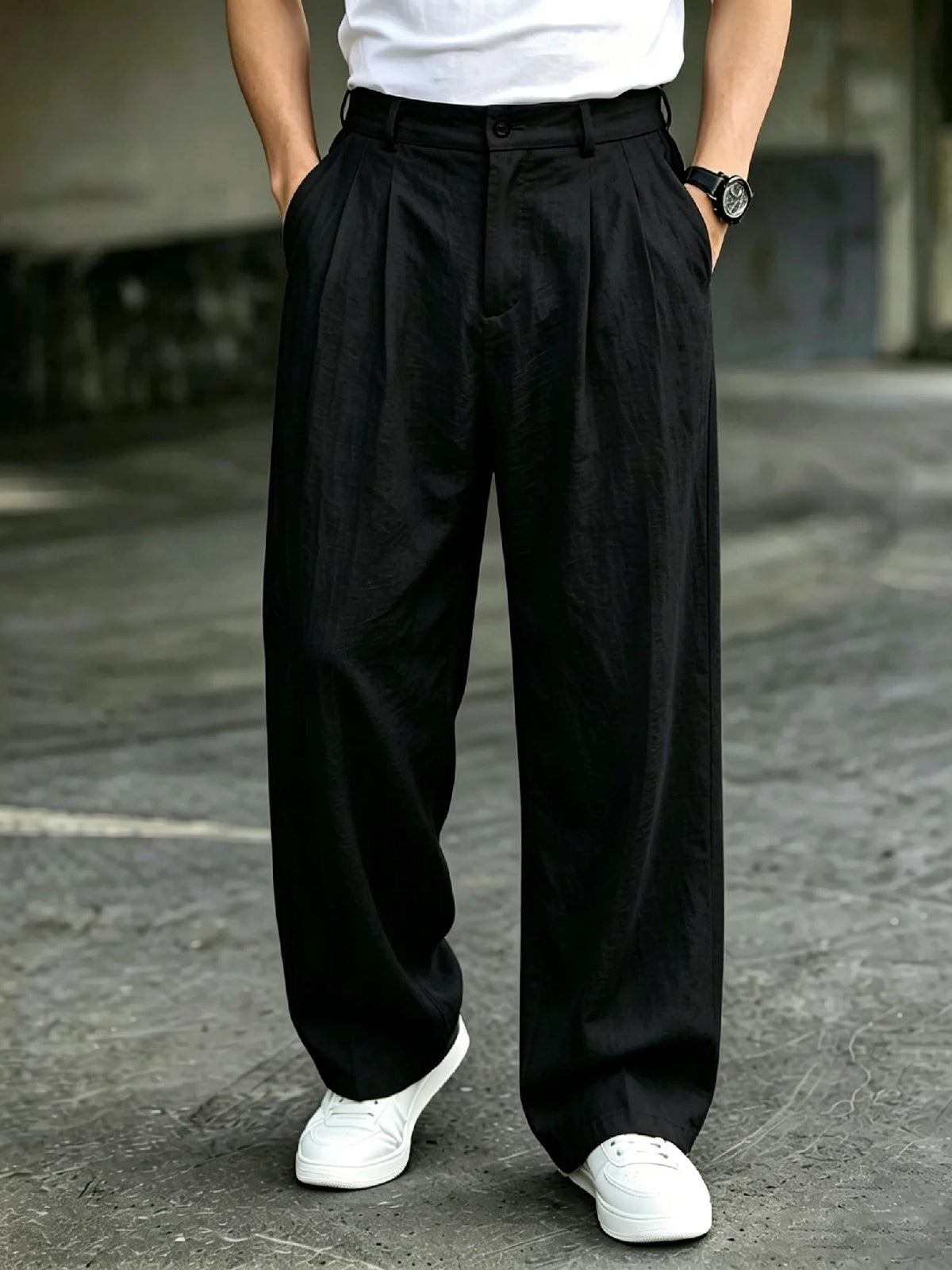 Men's High Waist Double Pleated Draping Wide Leg Dress Pants Wrinkle Resistant Breathable Textured Fabric Loose Fit Trousers for