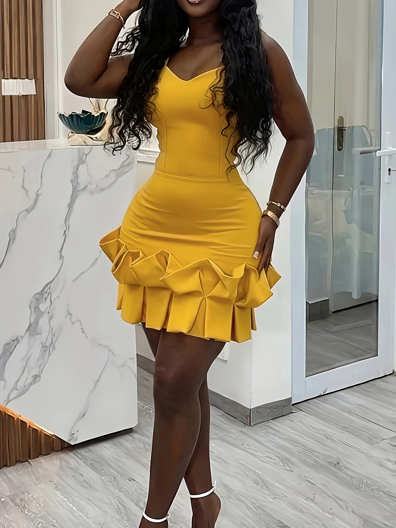 Sleeveless backless ruffle edge slim strap V-neck ruffle edge hem mini dress