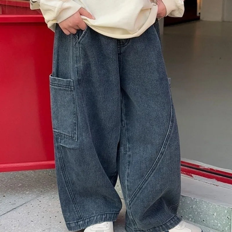 Boys Denim Pants Loose 2-10Yrs Kids Boys Casual Trousers Side Big Pockets Toddler Baby Boys Straight Jeans