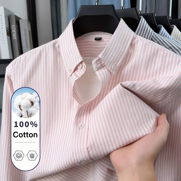 100% Cotton Men's Long Sleeve Stripe Shirt | Business Casual Button-Down Collar Regular Fit
