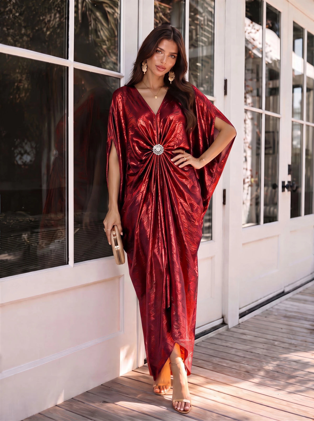 Women Gold Kaftan Dress V Neck Batwing Sleeve Rhinestone Twist Front Maxi Caftan Coverup for Wedding Party Evening K409