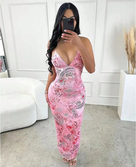 Christmas Gift Women's Sexy Halter Backless Floral Bodycon Maxi Dress - Elegant Slim Fit for Party/Cocktail (New Year)