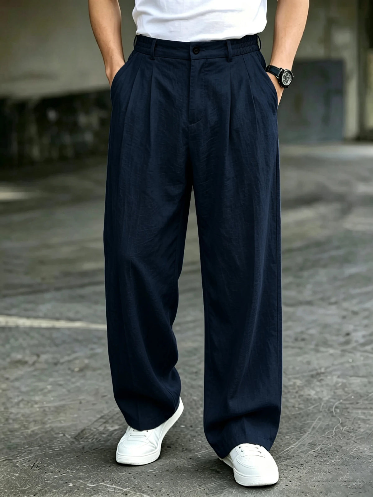 Men's High Waist Double Pleated Draping Wide Leg Dress Pants Wrinkle Resistant Breathable Textured Fabric Loose Fit Trousers for