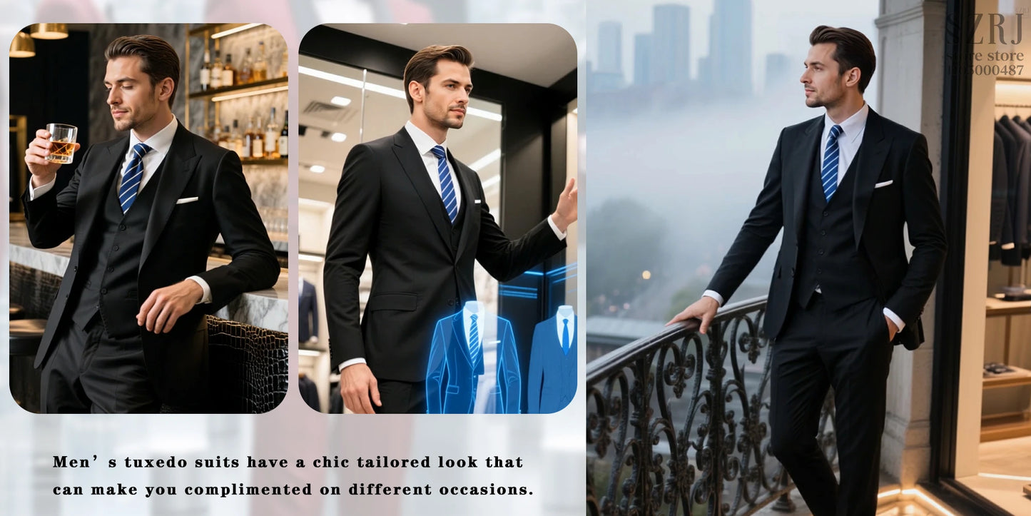 Men's 4-Piece Suit: Jacket+Vest+Pants+Blue Spotted Tie.Gentleman Style, Premium, Tailored. For Business, Parties, Weddings.