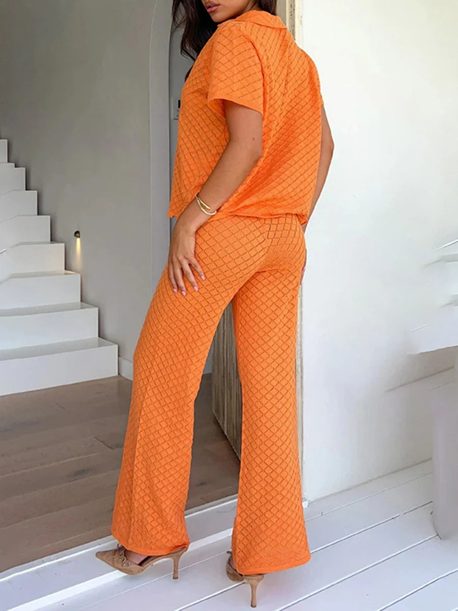 Women s 2 Piece Knit Set Lapel Neck Short Sleeve Button Down Tops Elastic Waist Wide Leg Pants Solid Color Outfits for Summer