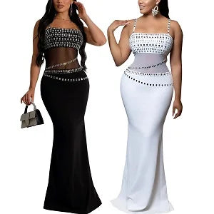 Women's Hot Drilling Craft Sexy Long Sleeve Mesh See Through Sequined Party Club Night Rhinestone Dress