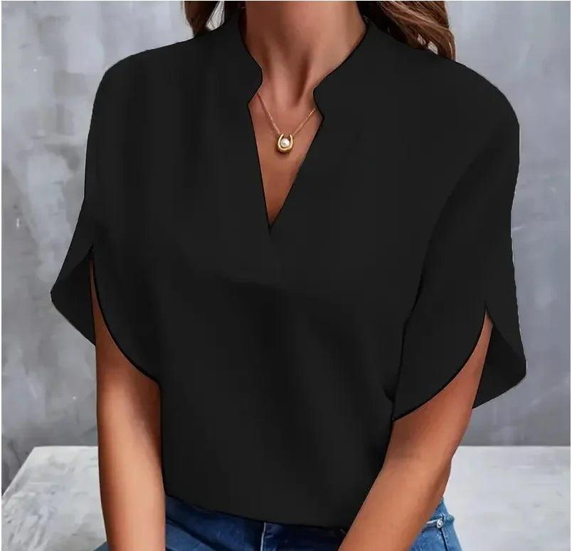 Summer Elegant Women's Blouse New V-neck Short Sleeve Solid Color Loose Shirt Casual White Tops Office Lady Blouses