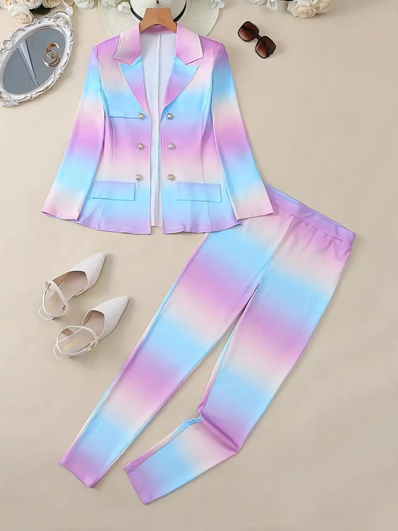 Women's Gradient Color and Snake Print Business Casual Two-Piece Suit Set, Double Breasted Long Sleeved Lapel Suit Jacket and Hi